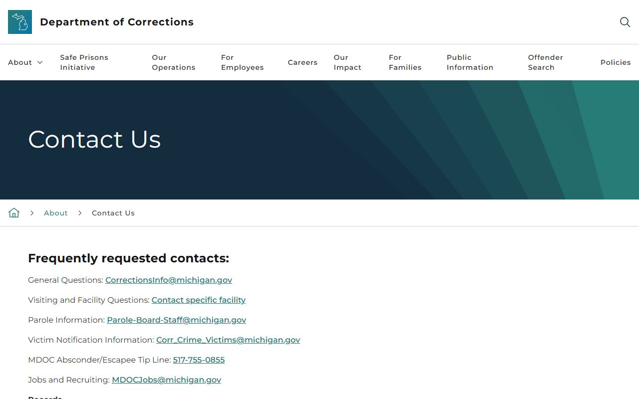 Benzie County arrest records Michigan Department of Corrections contact page