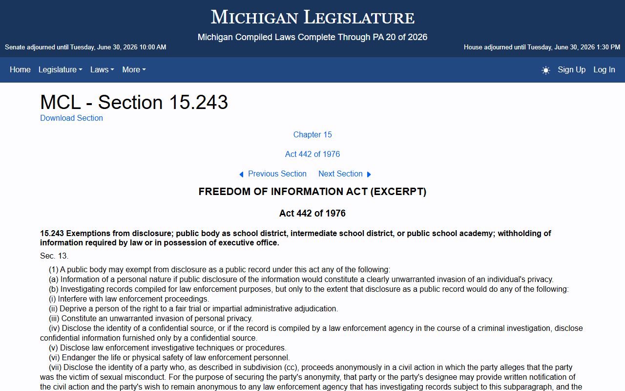 Benzie County court dockets restricted entries under Michigan FOIA exemptions MCL 15.243