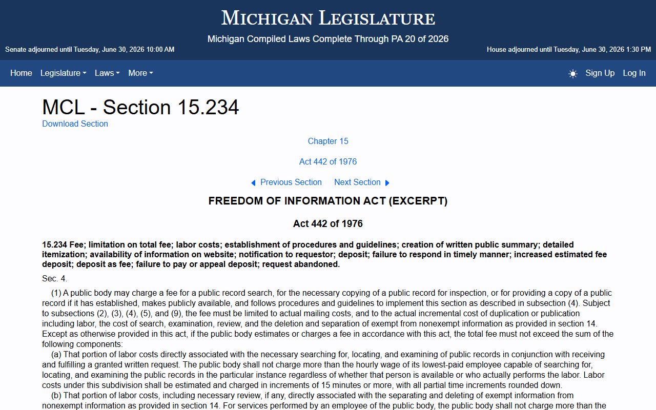 Benzie County court dockets request timing and fees under Michigan FOIA MCL 15.234