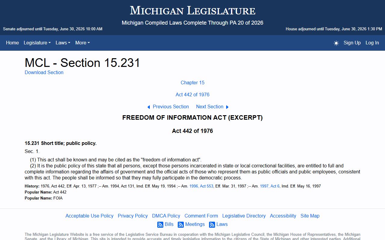 Benzie County court dockets open by default under Michigan FOIA MCL 15.231
