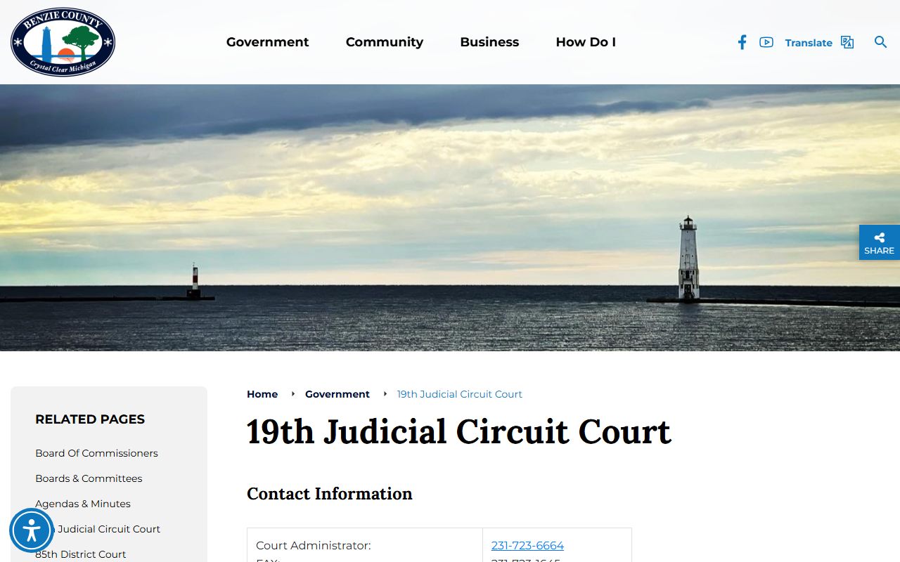 Benzie County court records overview on the 19th Judicial Circuit Court page
