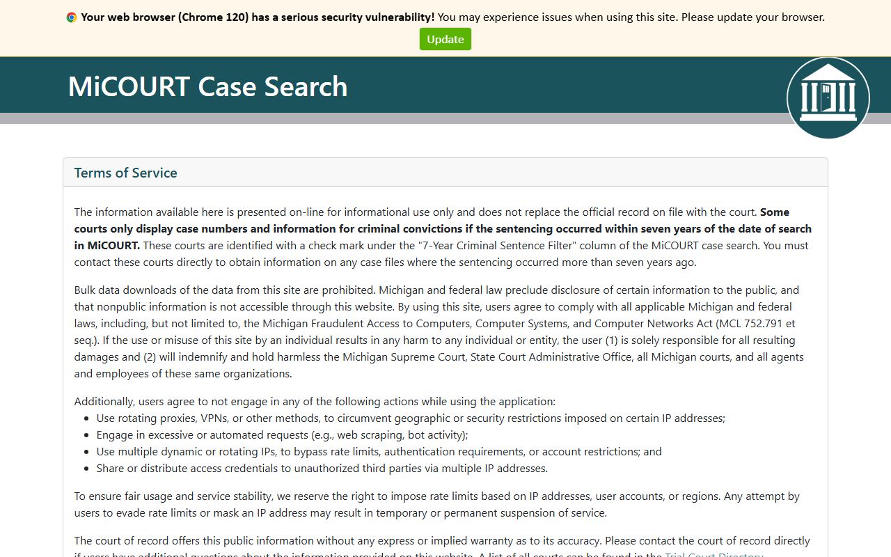 Benzie County court records search on the MiCOURT case-search portal