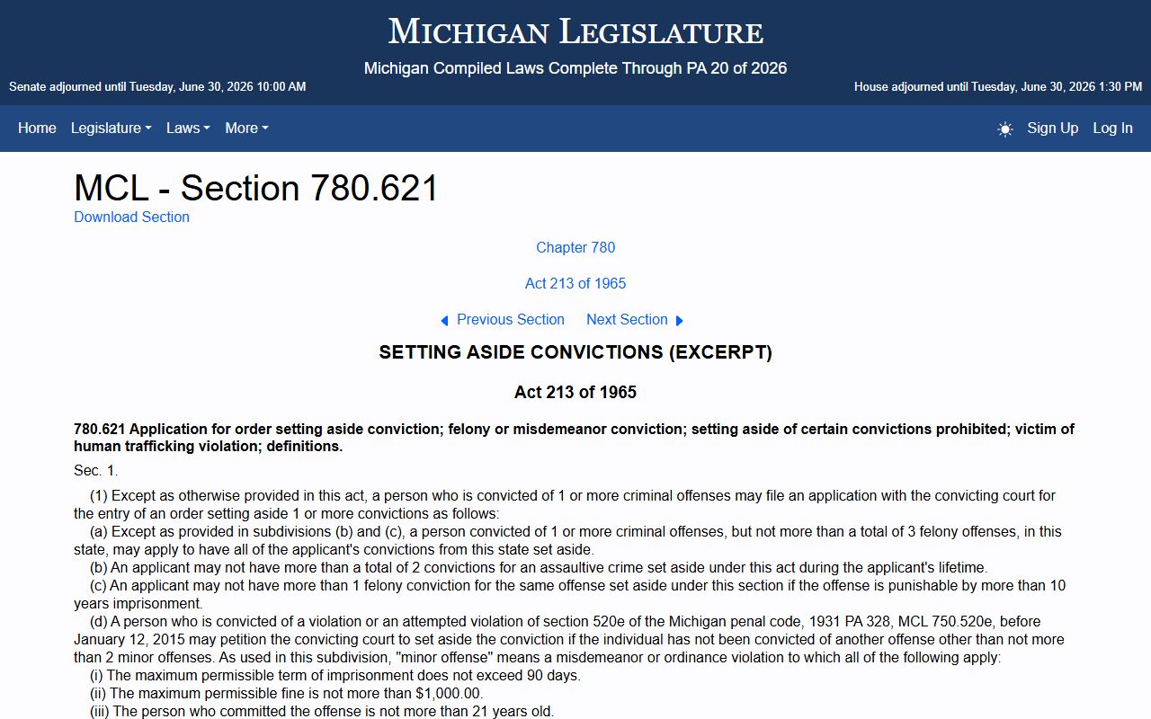 Benzie County criminal court records Michigan expungement statute MCL 780.621