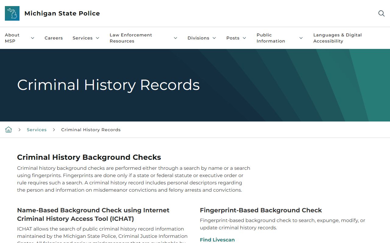 Benzie County criminal court records Michigan State Police ICHAT criminal history page