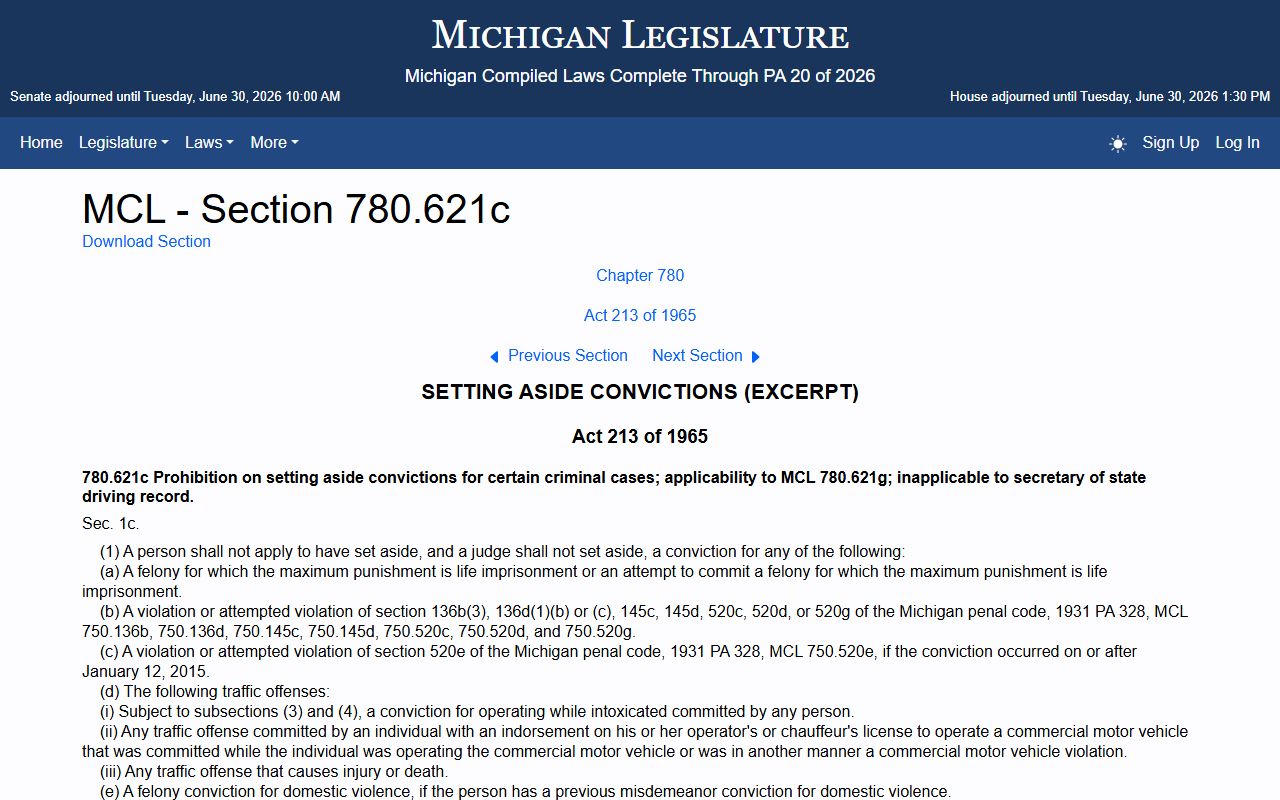 Benzie County criminal court records Michigan set-aside statute MCL 780.621c