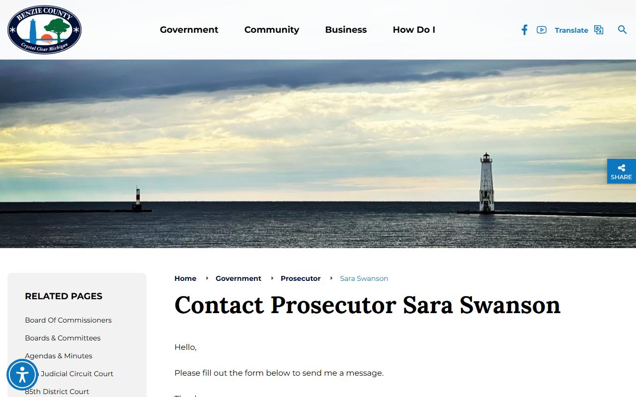 Benzie County criminal court records prosecutor Sara Swanson bio page