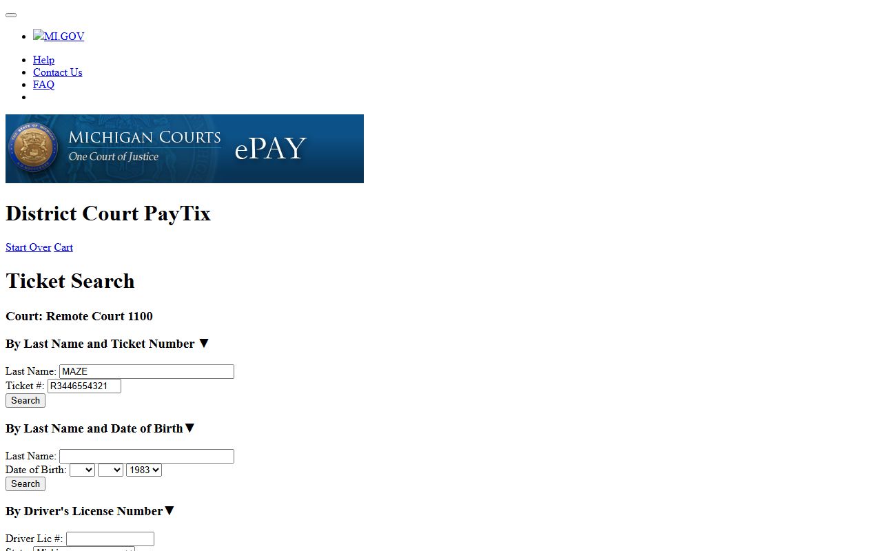 Benzie County district court records Michigan eTix ticket search