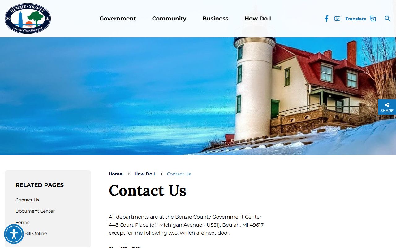 Benzie County contact page with court record office phone numbers