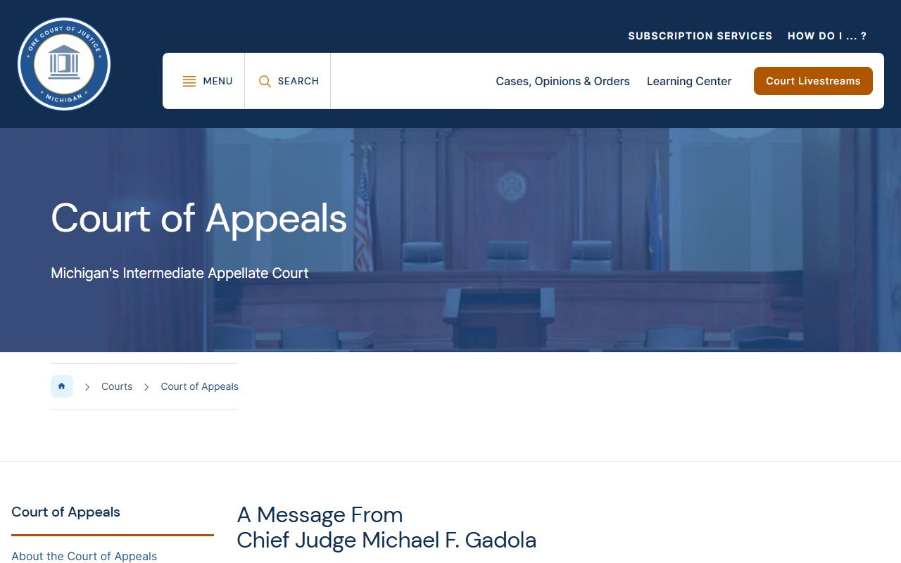 Michigan Court of Appeals page for Benzie County court records appeals