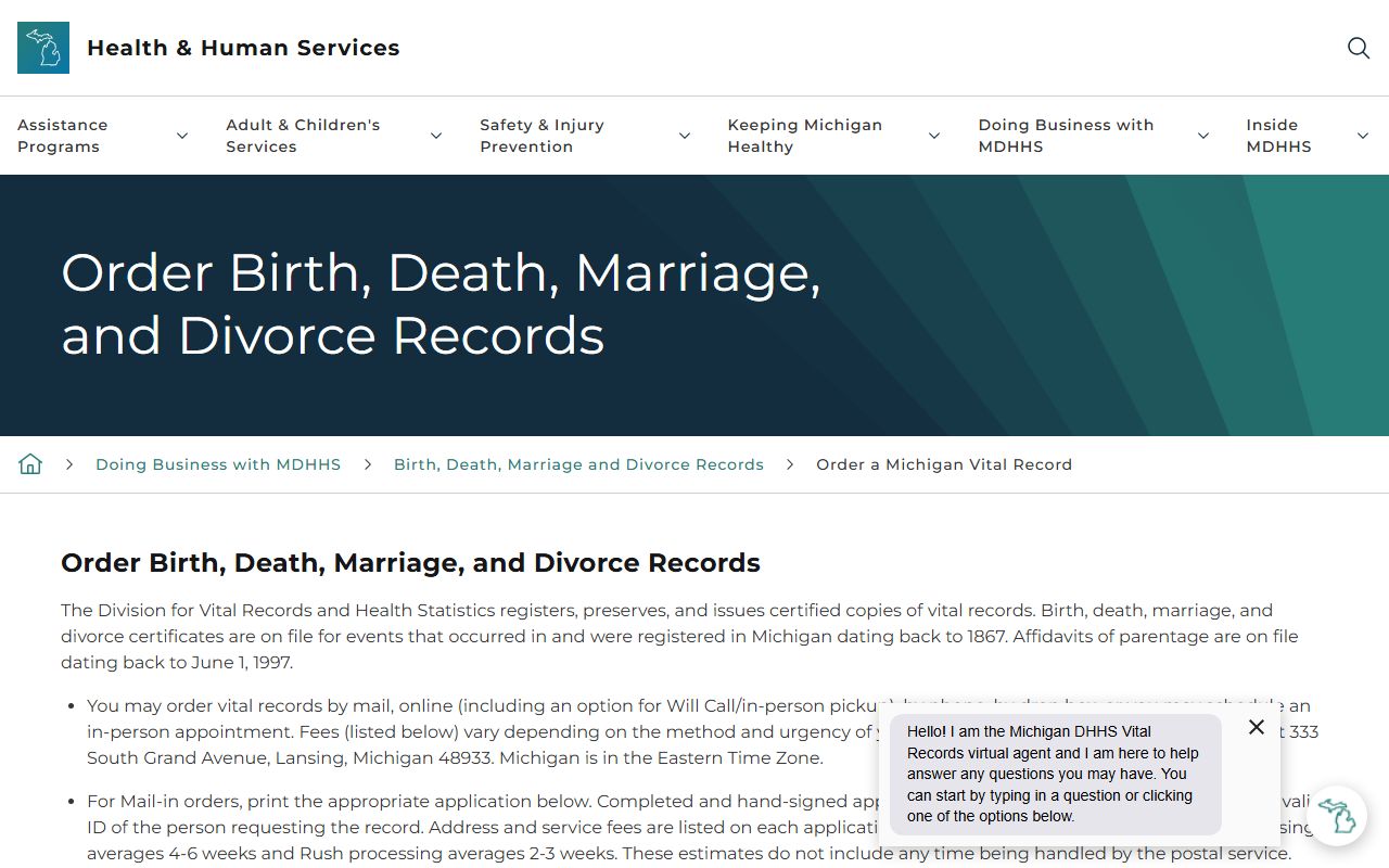 Benzie County marriage and divorce records Michigan order a copy of a vital record page