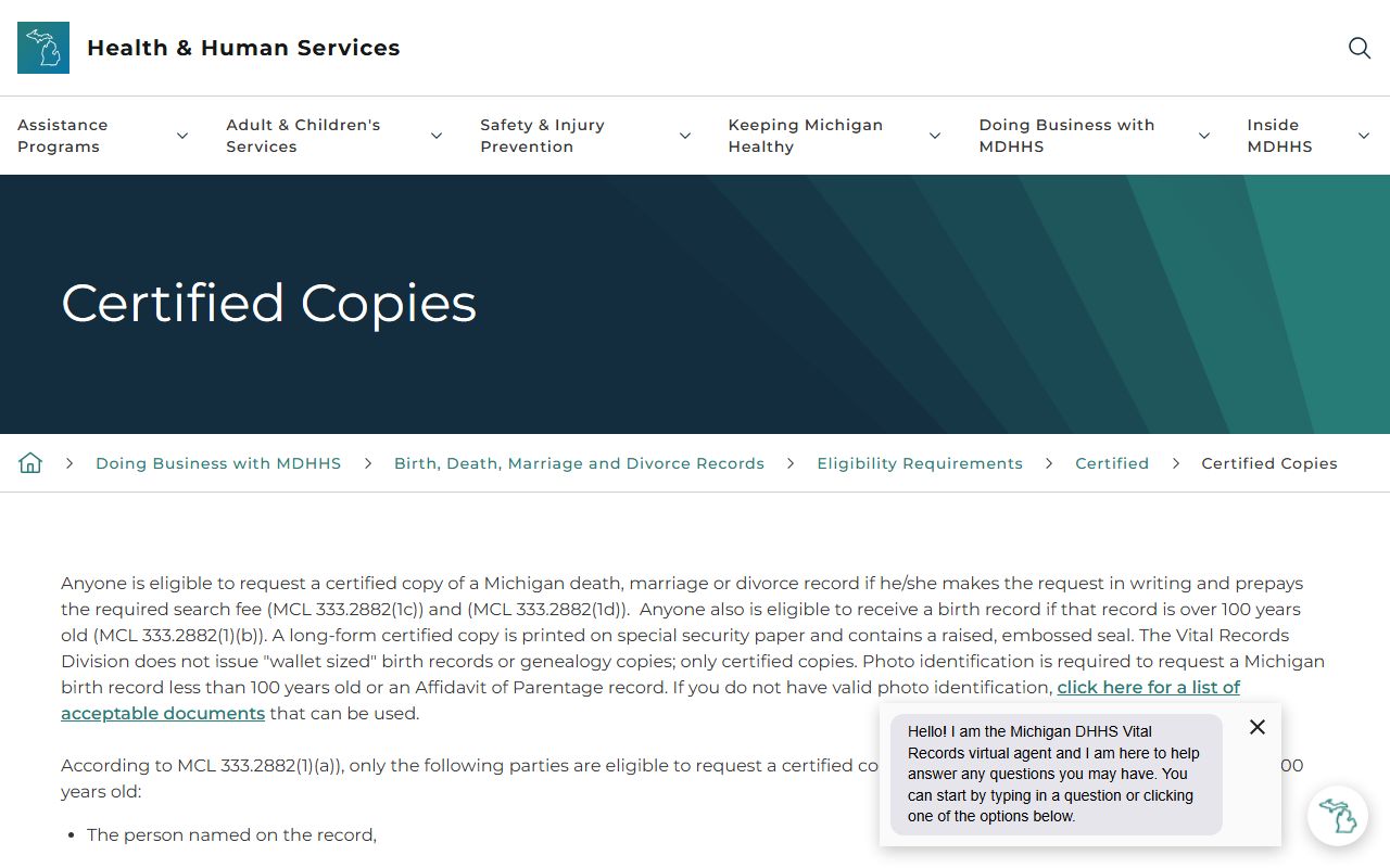 Benzie County marriage and divorce records Michigan certified copies vital records page