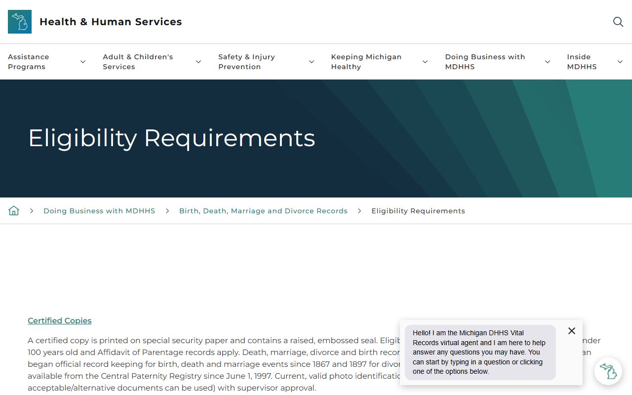 Benzie County marriage records Michigan vital records eligibility page