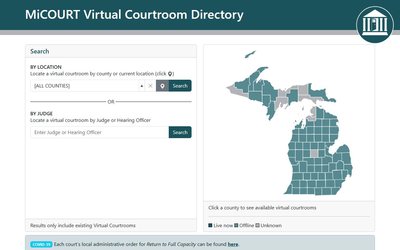 Benzie County probate records MiCOURT virtual courtroom directory