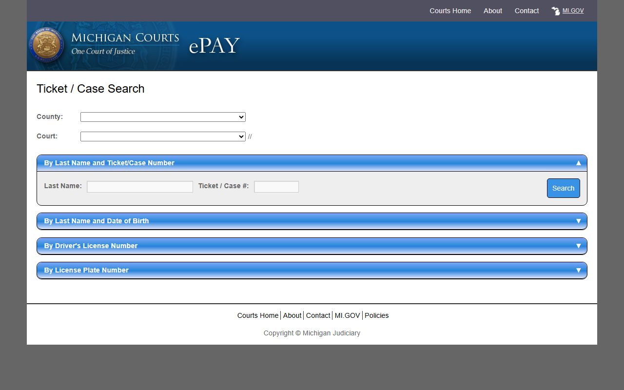 Benzie County traffic court records Michigan eTix ticket search page
