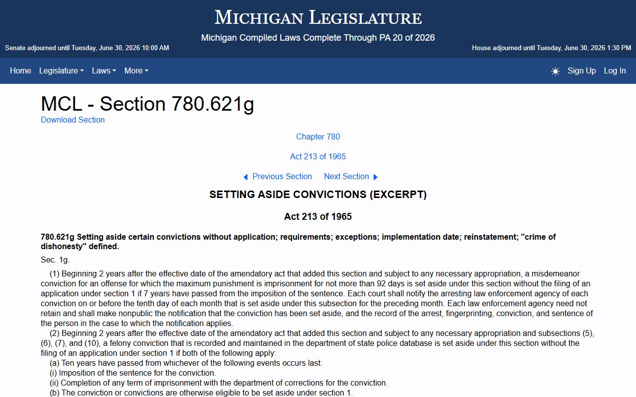 Benzie County warrant records Michigan expungement hearing statute MCL 780.621g