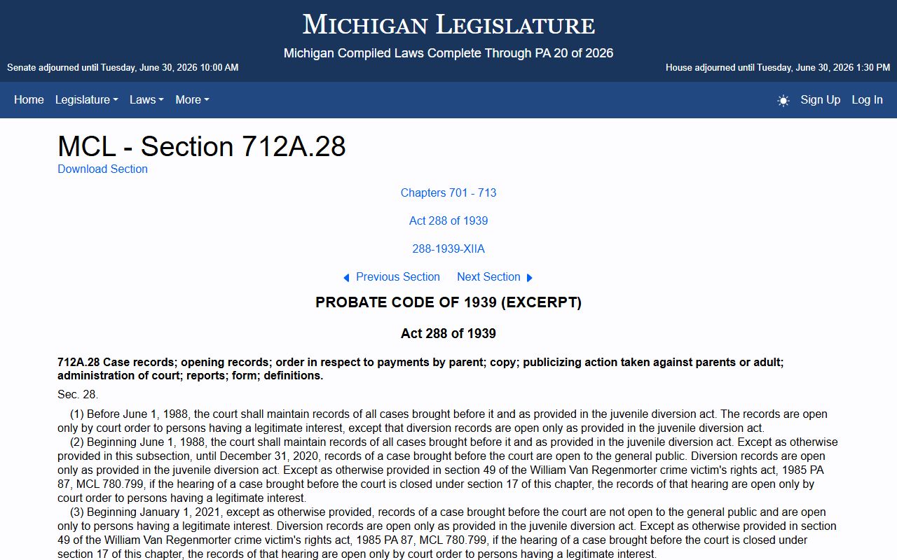 Benzie County warrant records Michigan juvenile records statute MCL 712A.28