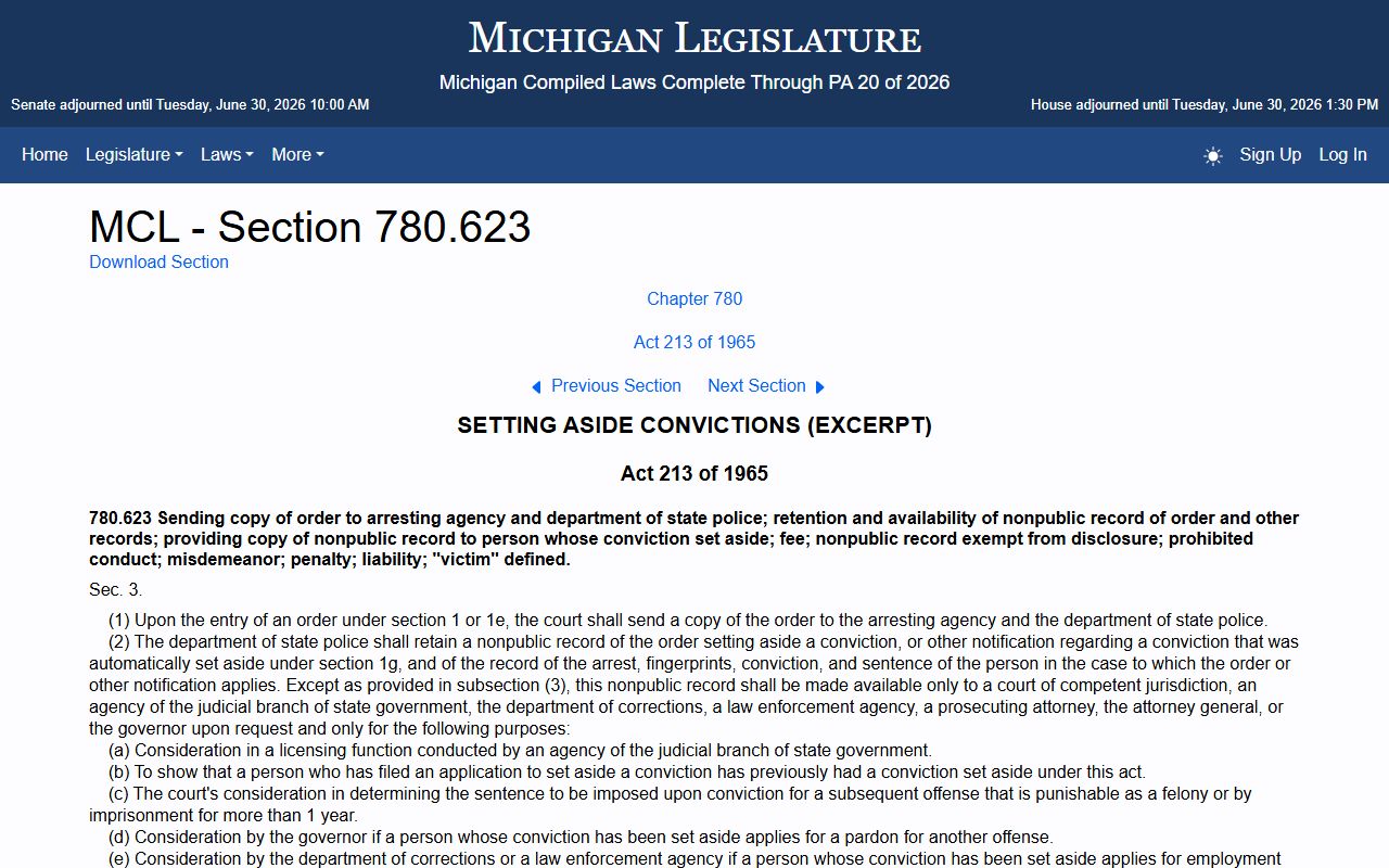 Benzie County warrant records Michigan set-aside effect statute MCL 780.623