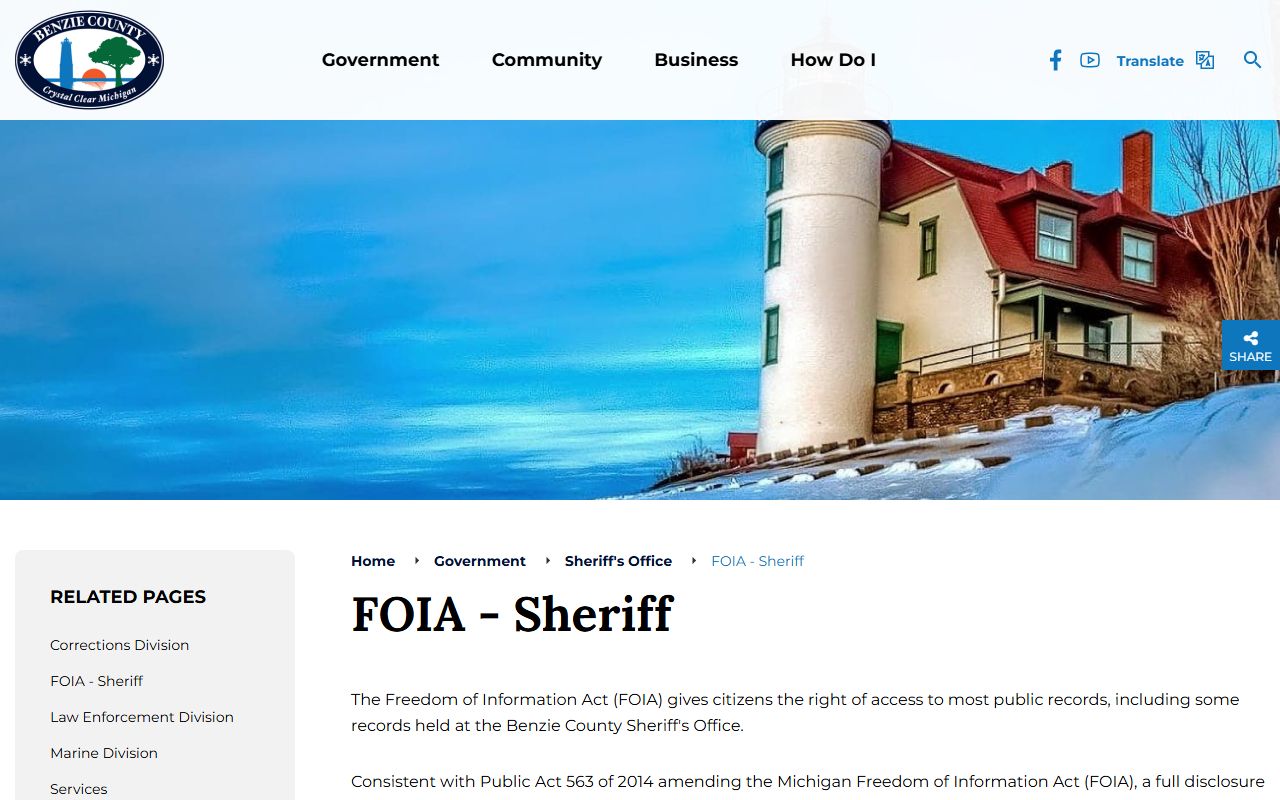 Benzie County warrant records Sheriff FOIA request page